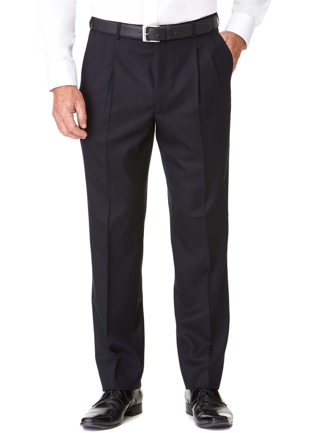 BANYAN NAVY PLEATED PURE WOOL PINSTRIPE SUIT