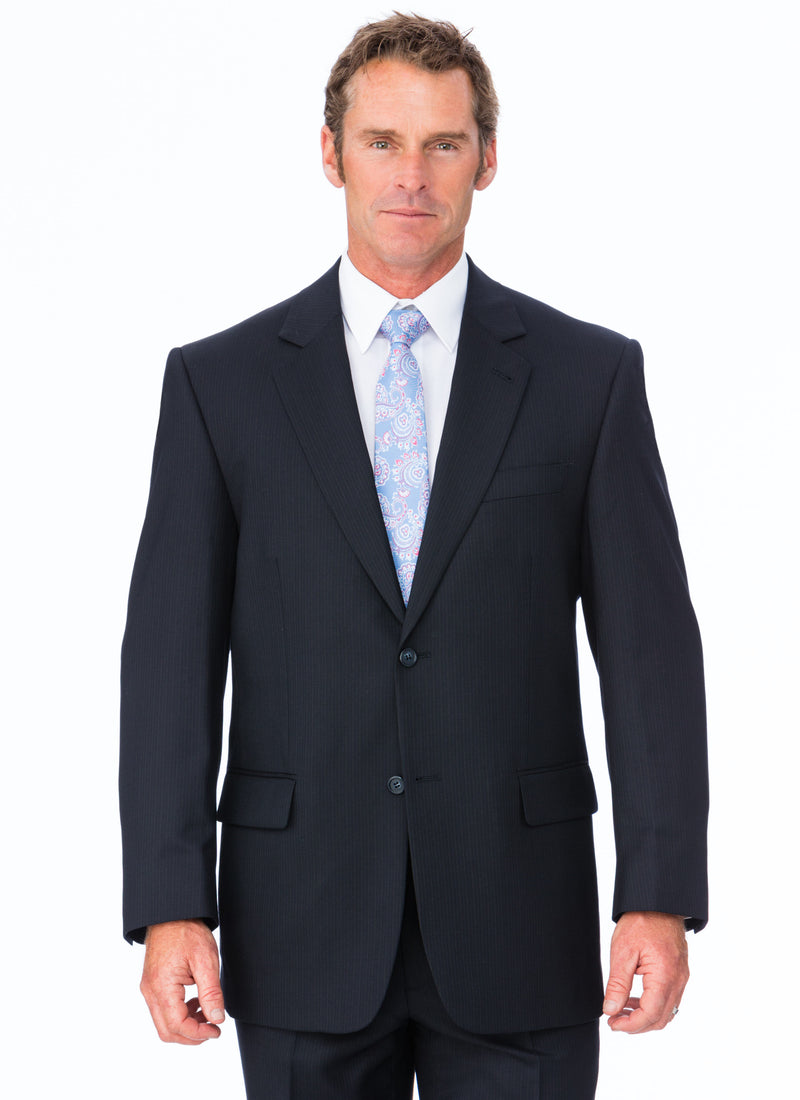 BANYAN NAVY PLEATED PURE WOOL PINSTRIPE SUIT
