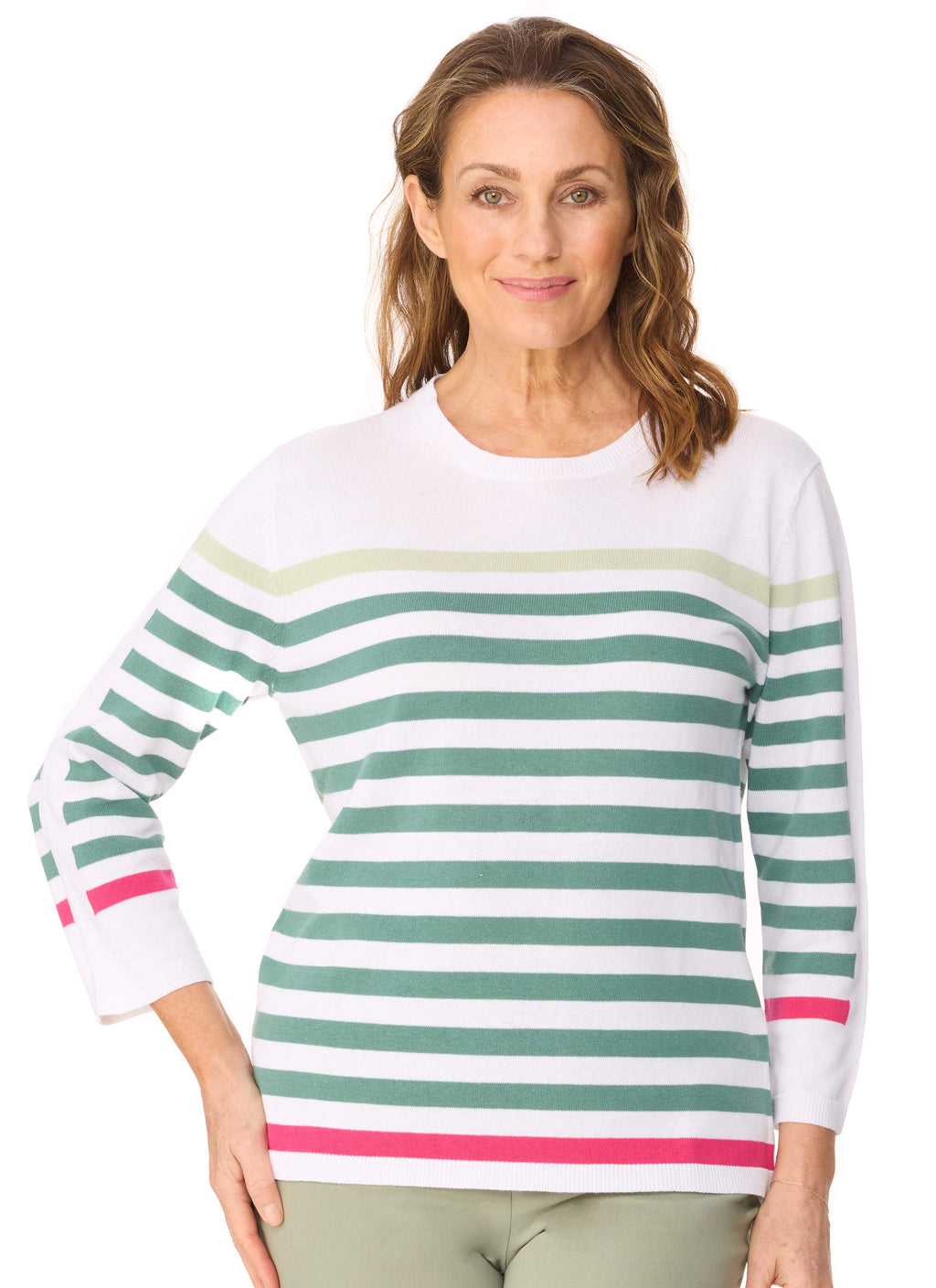 CABOOLTURE 3/4 SLEEVE STRIPED TOP - SPRING FOREST COMBO