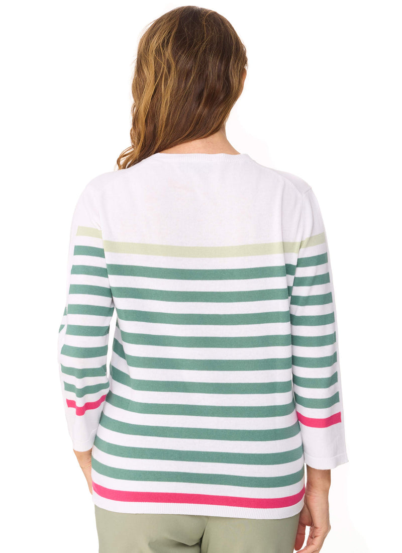 CABOOLTURE 3/4 SLEEVE STRIPED TOP - SPRING FOREST COMBO