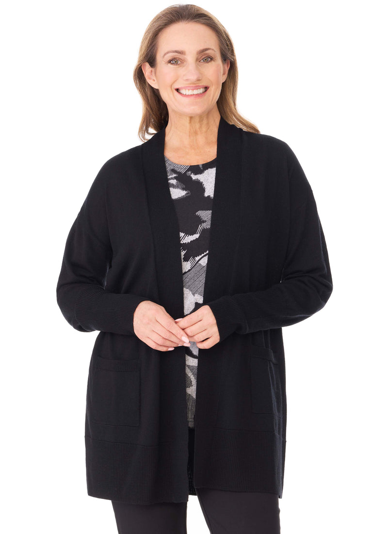 MELROSE LONG LINE RIB CARDIGAN - BLACK