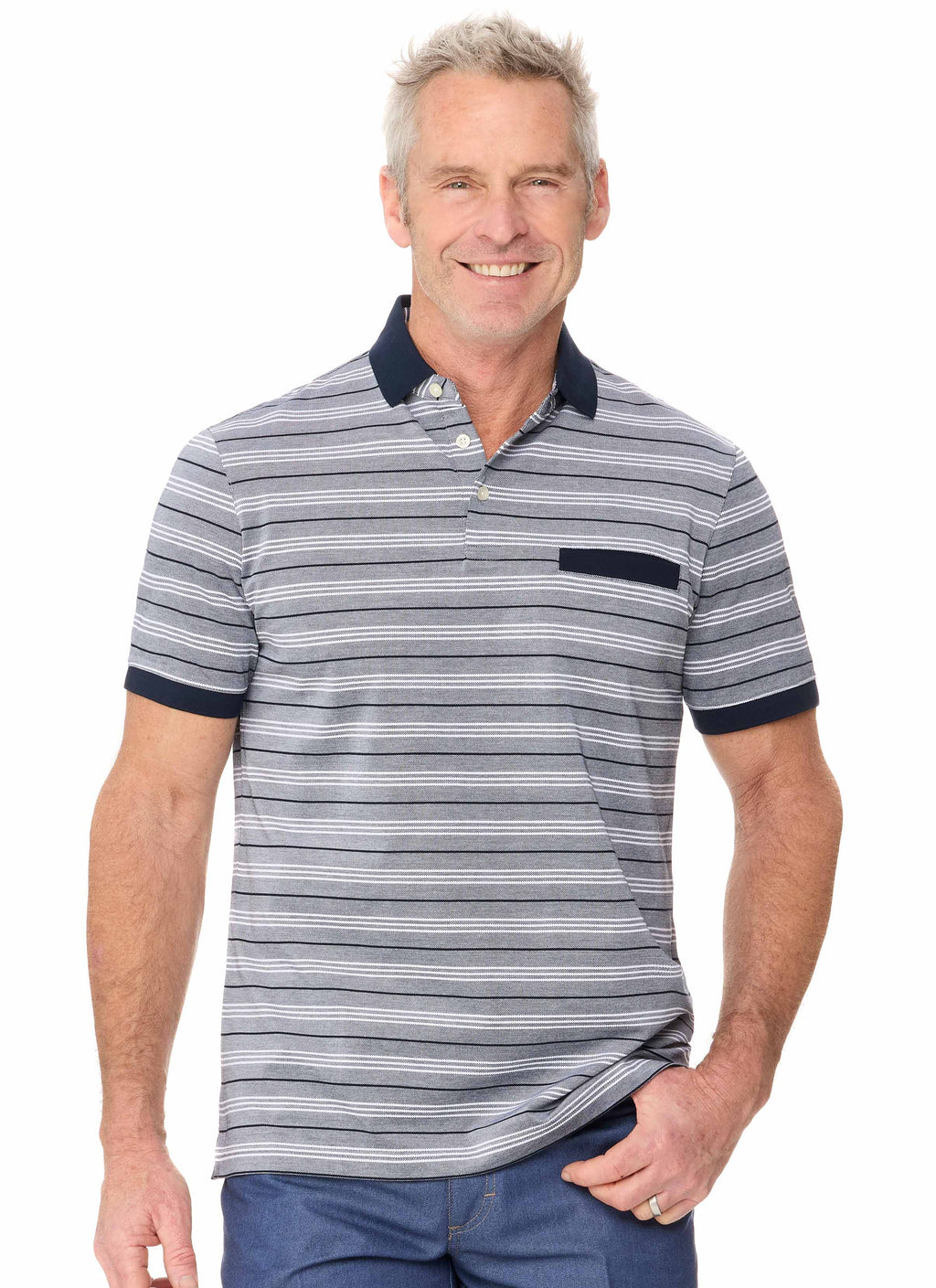 BROOKVALE NAVY STRIPED PIQUE  POLO