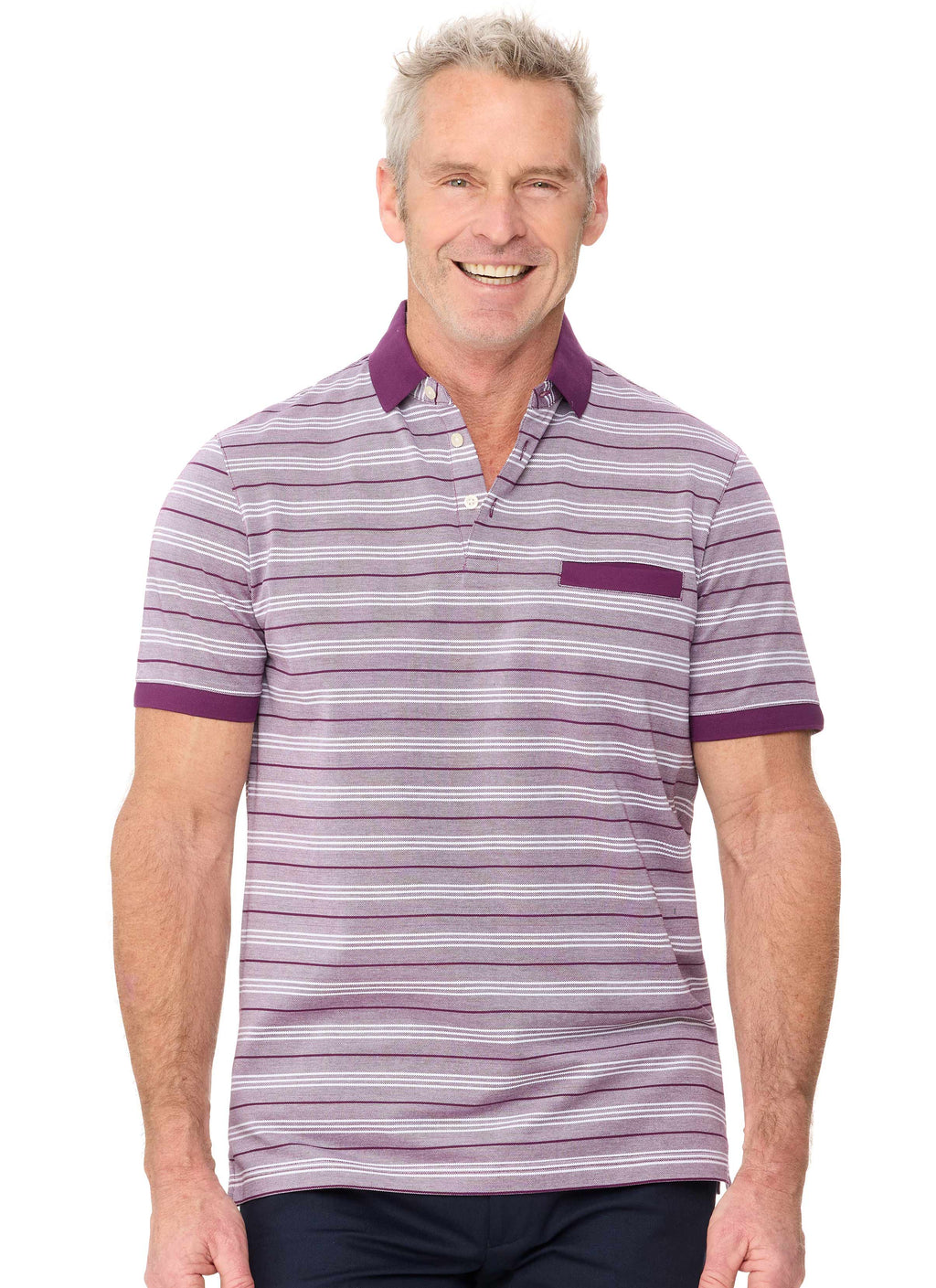 MOSMAN STRIPED PIQUE PLUM POLO
