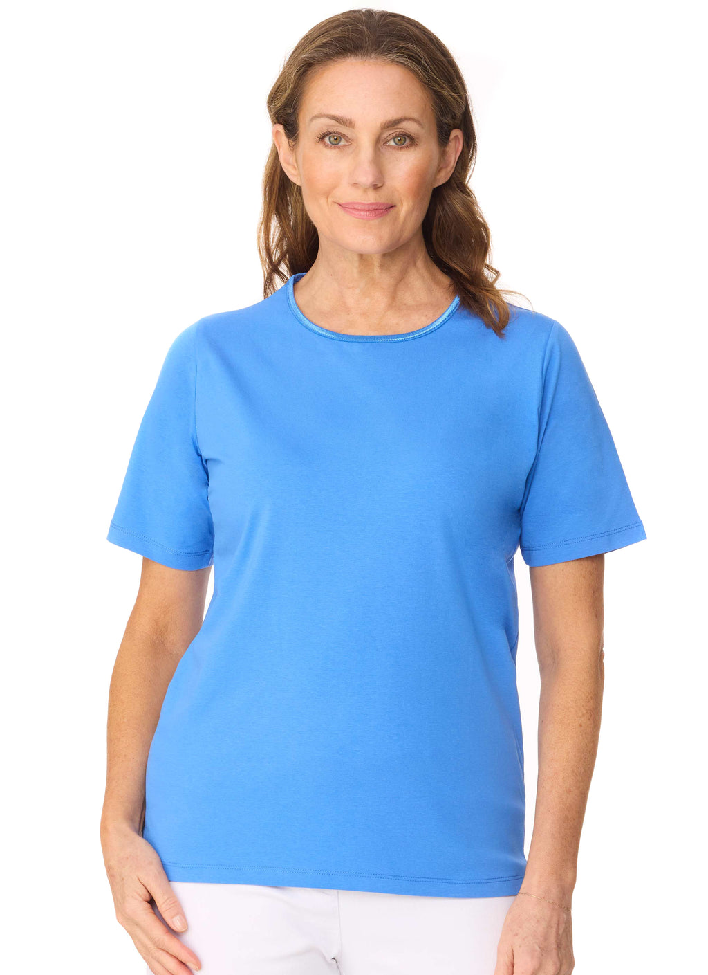 SARINA SATIN TRIM SHORT SLEEVE TOP - AZURE