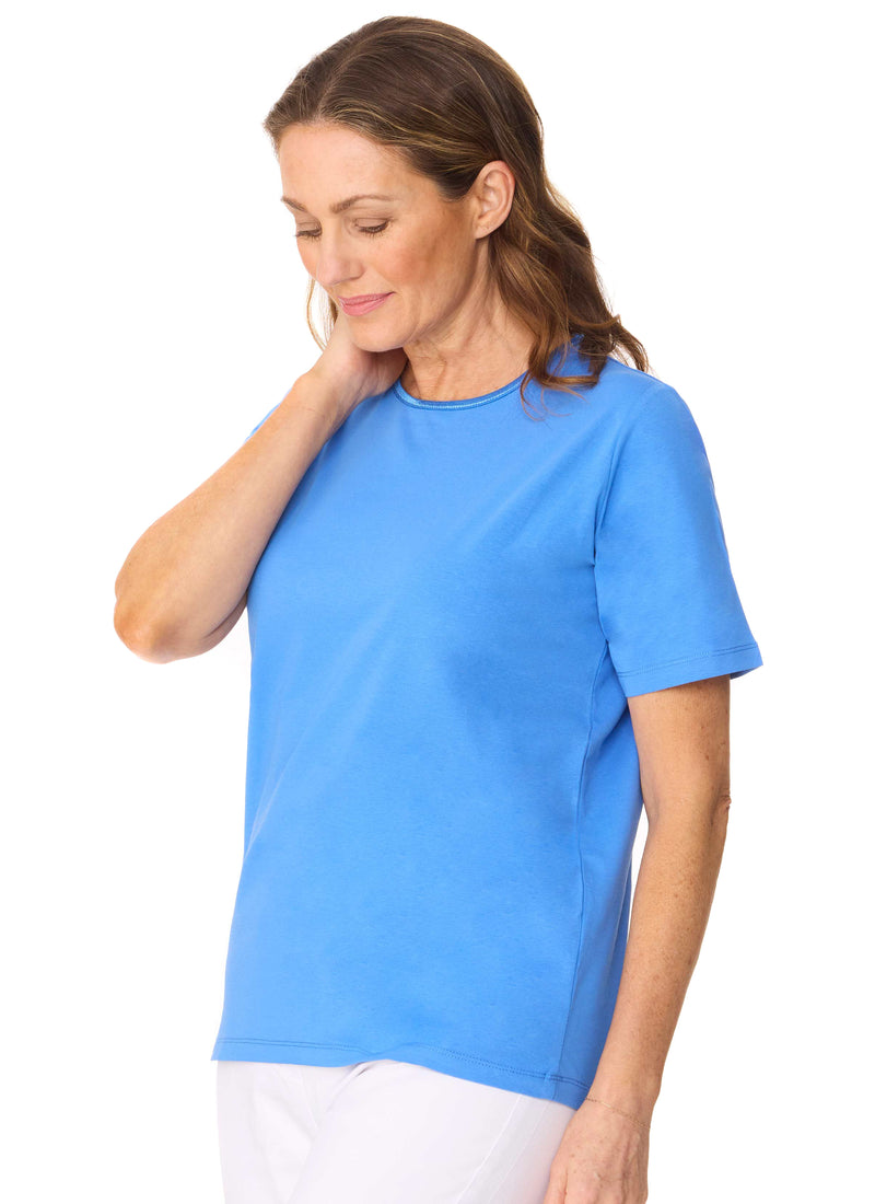 SARINA SATIN TRIM SHORT SLEEVE TOP - AZURE