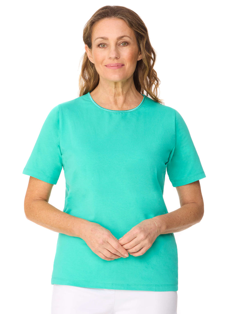 SARINA SATIN TRIM SHORT SLEEVE TOP - MARINE